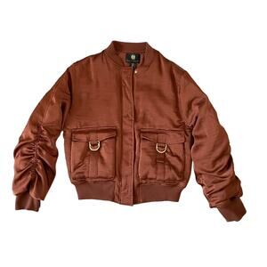 HOUSE OF HARLOW 1960 Women's Satin Zip Up Bomber Jacket Size M Copper Brown NEW